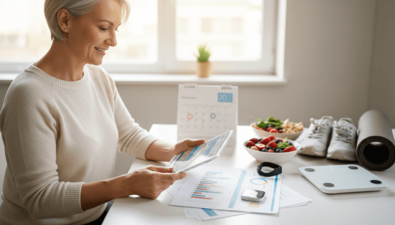 Gen X adult reviewing health biomarkers and blood test results for longevity tracking