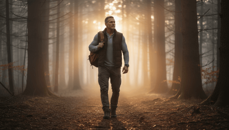 A fit 54-year-old man walking confidently on a forest trail at dawn, symbolizing the longevity journey and the new economy for Generation X