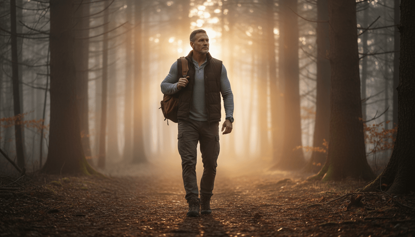 A fit 54-year-old man walking confidently on a forest trail at dawn, symbolizing the longevity journey and the new economy for Generation X