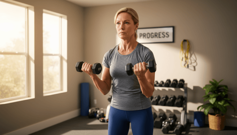 Active adult in their 50s doing resistance training with dumbbells to prevent sarcopenia and maintain muscle mass